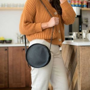 Handmade Black Leather Circle Crossbody Bag